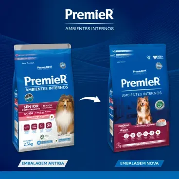 Nova embalagem Racao Premier Ambientes Internos Caes Senior Racas Pequenas